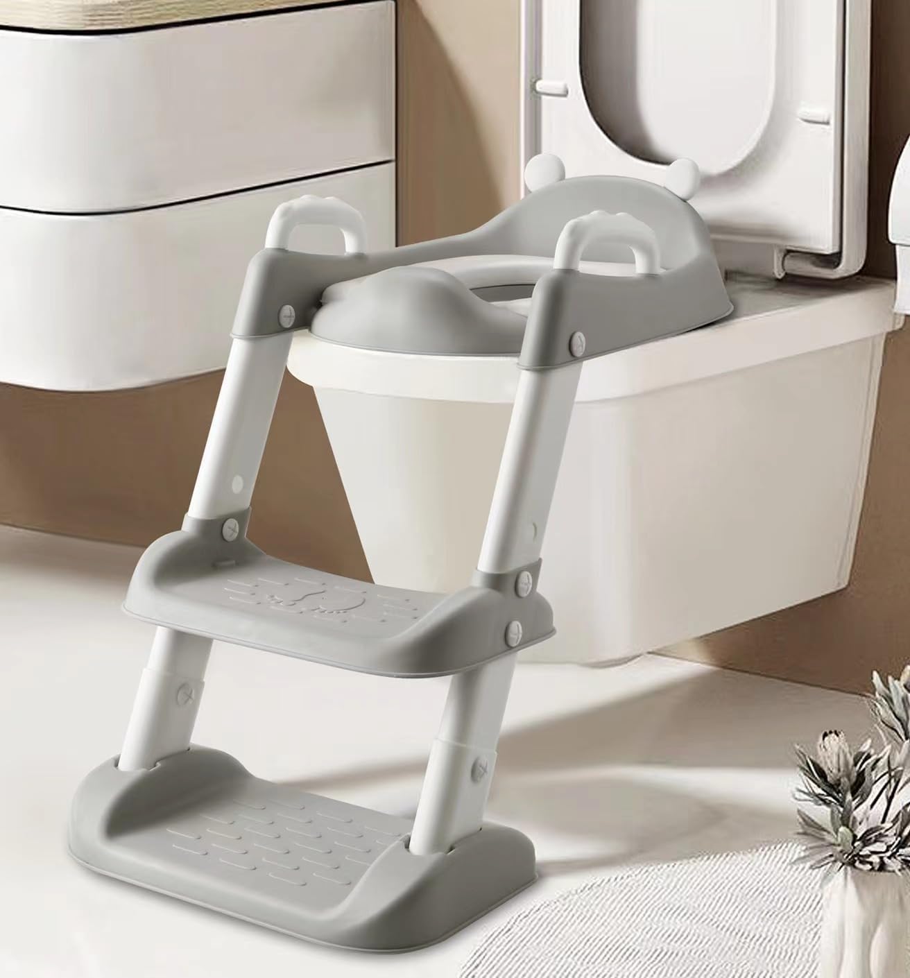 Potty Training Toilet Seat with Step Stool Ladder for Boys and Girls- Non-Slip Wide Step (Gray)