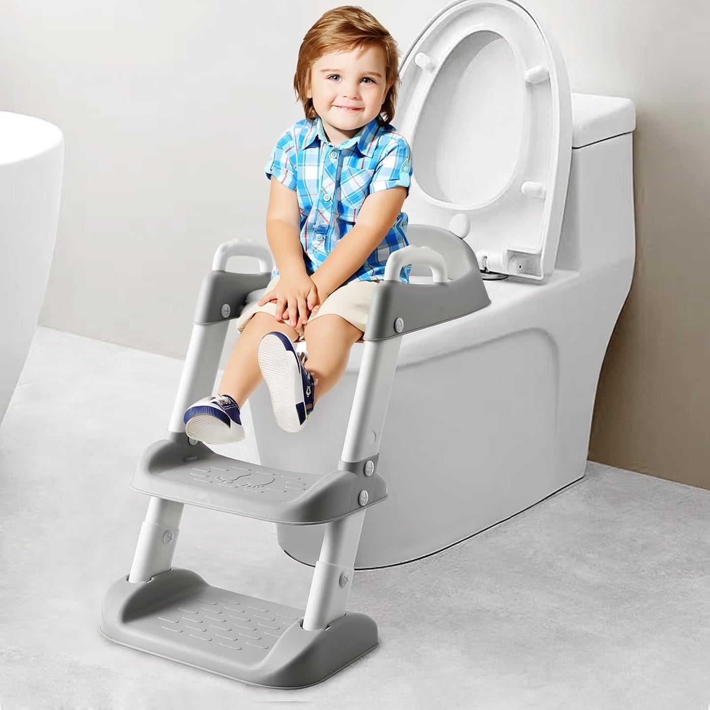 Potty Training Toilet Seat with Step Stool Ladder for Boys and Girls- Non-Slip Wide Step (Gray)